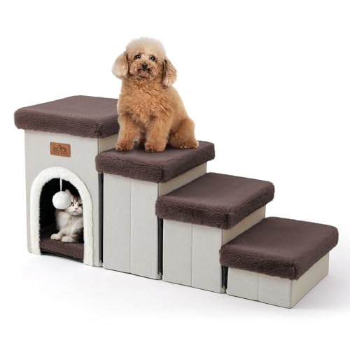 COZY KISS Haustiertreppe für Kleine Hunde mit Stauraum Und Wohnung, Hundetreppe Faltbare für Bett Couch, Hunde Treppe mit Rutschfestem Boden, Lecksichere, Bis Zu 80kg, 33x89x45cm, 4 Stufen, Braun von COZY KISS