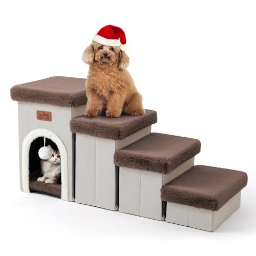 COZY KISS Haustiertreppe für Kleine Hunde mit Stauraum Und Wohnung, Hundetreppe Faltbare für Sofa Couch, Hunde Treppe mit Rutschfestem Boden, Lecksichere, Bis Zu 80kg, Beige (Braun, 33x89x45cm, 4) von COZY KISS