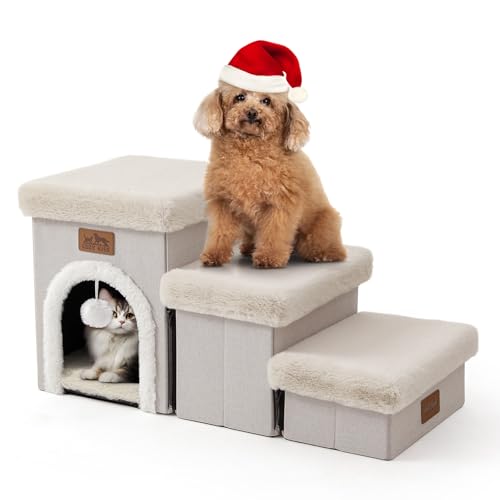 COZY KISS Haustiertreppe für Kleine Hunde mit Stauraum Und Wohnung, Hundetreppe Faltbare für Sofa Couch, Hunde Treppe mit Rutschfestem Boden, Lecksichere, Bis Zu 80kg, 33x69x36cm, 3 Stufen, Beige von COZY KISS