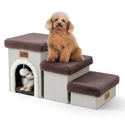 COZY KISS Haustiertreppe für Kleine Hunde mit Stauraum Und Wohnung, Hundetreppe Faltbare für Sofa Couch, Hunde Treppe mit Rutschfestem Boden, Lecksichere, Bis Zu 80kg, 33x69x36cm, 3 Stufen, Braun von COZY KISS