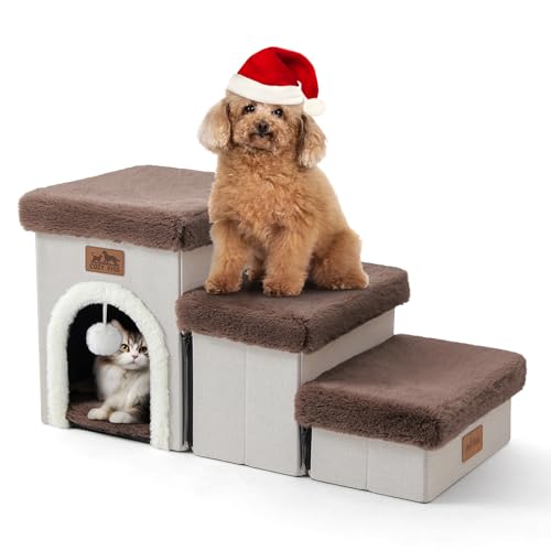 COZY KISS Haustiertreppe für Kleine Hunde mit Stauraum Und Wohnung, Hundetreppe Faltbare für Sofa Couch, Hunde Treppe mit Rutschfestem Boden, Lecksichere, Bis Zu 80kg, 33x69x36cm, 3 Stufen, Braun von COZY KISS