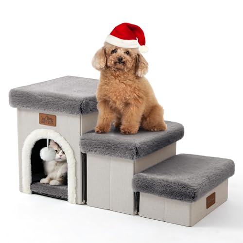 COZY KISS Haustiertreppe für Kleine Hunde mit Stauraum Und Wohnung, Hundetreppe Faltbare für Sofa Couch, Hunde Treppe mit Rutschfestem Boden, Lecksichere, Bis Zu 80kg, Beige (Grau, 33x89x45cm, 3) von COZY KISS