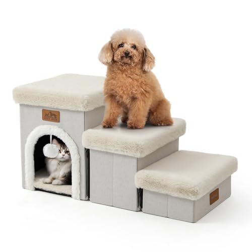 COZY KISS Haustiertreppe für Kleine Hunde mit Stauraum Und Wohnung, Hundetreppe Faltbare für Sofa Couch, Hunde Treppe mit Rutschfestem Boden, Lecksichere, Bis Zu 80kg, 33x69x36cm, 3 Stufen, Beige von COZY KISS