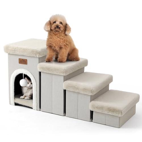 COZY KISS Haustiertreppe für Kleine Hunde mit Stauraum Und Wohnung, Hundetreppe Faltbare für Bett Couch, Hunde Treppe mit Rutschfestem Boden, Lecksichere, Bis Zu 80kg, 33x89x45cm, 4 Stufen, Beige von COZY KISS