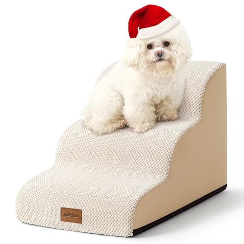 COZY KISS Hundetreppe für Kleine Hunde 40cm, Haustiertreppe für Couch aus Hochdichtem Schwamm, Hunde Treppe Hunderampe mit Waschbarem Bezug und Rutschfestem Boden, 40x57x40cm, 3 Stufen, Beige von COZY KISS