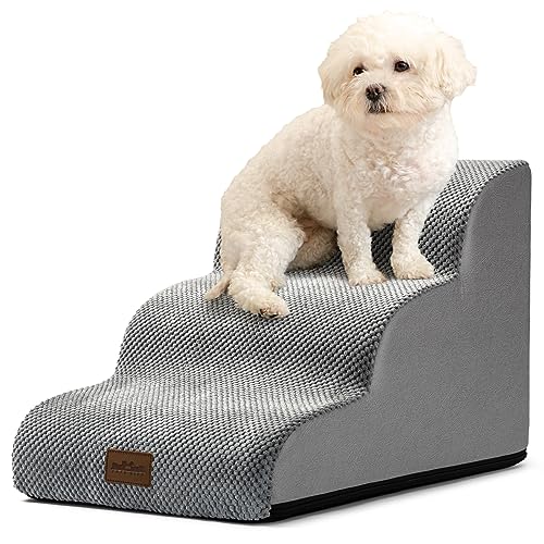 COZY KISS Hundetreppe für Kleine Hunde 40cm, Haustiertreppe für Couch aus Hochdichtem Schwamm, Hunde Treppe Hunderampe mit Waschbarem Bezug und Rutschfestem Boden, 40x57x40cm, 3 Stufen, Grau von COZY KISS