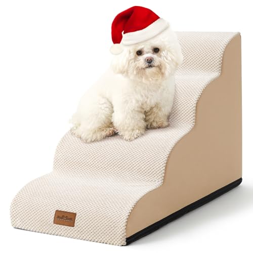 COZY KISS Hundetreppe für Kleine Hunde 50cm, Haustiertreppe für Bett aus Hochdichtem Schwamm, Hunde Treppe Hunderampe mit Waschbarem Bezug und Rutschfestem Boden, 40x72x50cm, 4 Stufen, Beige von COZY KISS