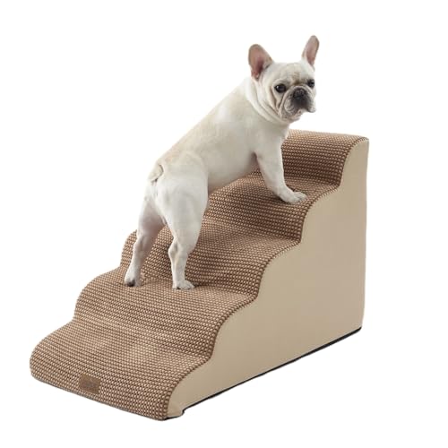 COZY KISS Hundetreppe für Kleine Hunde 57cm, Haustiertreppe für Hochbett aus Hochdichtem Schwamm, Hunde Treppe Hunderampe mit Waschbarem Bezug und Rutschfestem Boden, 40x84x57cm, 5 Stufen, Hellbraun von COZY KISS