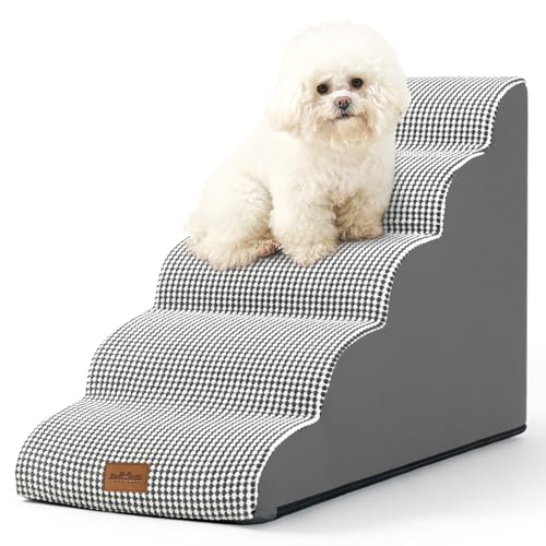 COZY KISS Hundetreppe für Kleine Hunde 57cm, Haustiertreppe für Hochbett aus Schwamm, Hunde Treppe Hunderampe mit Waschbarem Bezug und Rutschfestem Boden, 40x84x57cm, 5 Stufen, Weiß Schwarz von COZY KISS