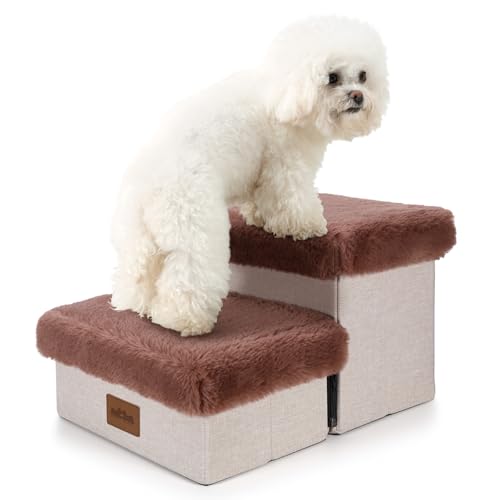 COZY KISS Hundetreppe für kleine Hunde, Haustiertreppe mit Stauraum und verstellbaren Stufen für Hochbetten und Couch, Haustierrampe für kleine Hunde und Katzen (2-stufig, braun) von COZY KISS