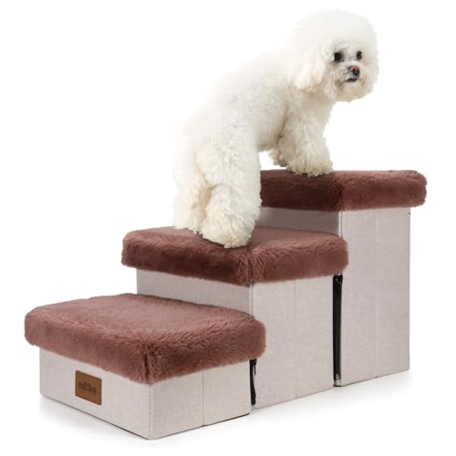 COZY KISS Hundetreppe für kleine Hunde, Haustiertreppe mit Stauraum und verstellbaren Stufen für Hochbetten und Couch, Haustierrampe für kleine Hunde und Katzen (3-stufig, braun) von COZY KISS