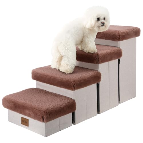 COZY KISS Hundetreppe für kleine Hunde, Haustiertreppe mit Stauraum und verstellbaren Stufen für Hochbetten und Couch, Haustierrampe für kleine Hunde und Katzen (4-stufig, braun) von COZY KISS