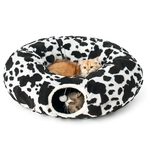 COZY KISS Katzentunnel, Rund Katzenbett mit Rascheltunnel, Faltbar Katzen Donut Katzentunnel Große Katzen, Indoor Spieltunnel Katzentunnel XXL für Katzen Kleintiere (Schwarz & Weiß, 85 D) von COZY KISS