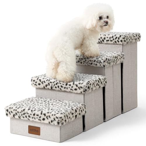 COZY KISS Haustiertreppe für Kleine Hunde mit Stauraum, Hundetreppe Faltbare für Sofa Couch, Hunde Treppe Hunderampe mit Rutschfestem Boden, Lecksichere, Bis Zu 80kg, 63x33x35cm, 3 Stufen, Leopard von COZY KISS