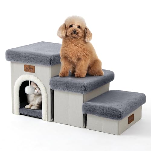 COZY KISS Haustiertreppe für Kleine Hunde mit Stauraum Und Wohnung, Hundetreppe Faltbare für Sofa Couch, Hunde Treppe mit Rutschfestem Boden, Lecksichere, Bis Zu 80kg, 33x69x36cm, 3 Stufen, Grau von COZY KISS