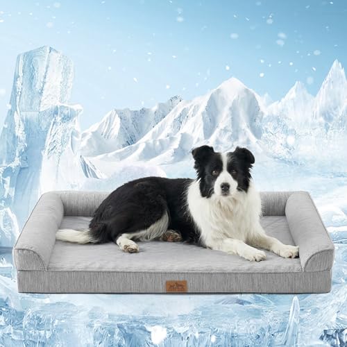 Kühlendes Hundebett, orthopädisches Memory-Foam-Hundebett mit Seiten, bequemes Haustierbett mit waschbarem Bezug, wasserdichtem Futter und rutschfester Unterseite, Kühlbett für große Hunde, Silbergrau von COZY KISS