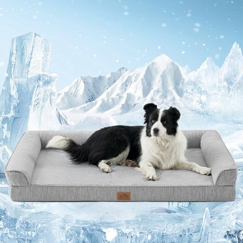 Kühlendes Hundebett, orthopädisches Memory-Foam-Hundebett mit Seiten, mit waschbarem Bezug, wasserdichtem Futter und rutschfester Unterseite, Kühlbett für extra große Hunde, Silbergrau (121,9 cm L x von COZY KISS