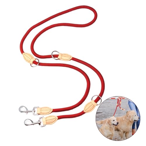 Hundeleine Doppelte, Multifunktion Doppelleine für 2 Hunde Nylon Hundeleine für alle Hunde, Robust Metall Karabiner und Leicht Material Mehrfach Verwendbar Hundeleine, 2.1M Doppelleine (Rot) von CQCLUZQI