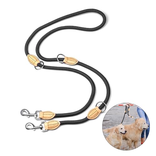 Hundeleine Doppelte, Multifunktion Doppelleine für 2 Hunde Nylon Hundeleine für alle Hunde, Robust Metall Karabiner und Leicht Material Mehrfach Verwendbar Hundeleine, 2.1M Doppelleine (Schwarz) von CQCLUZQI