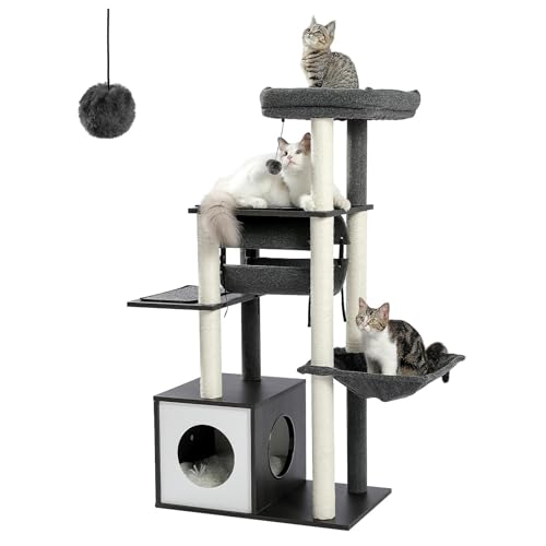 CQJJXKYC Kletterbaum für Katzen Mehrstufiger Kratzbaum aus Holz, großer Katzenturm mit Kratzbäumen, Hängematte für Katzen, Katzenschaber, Haustierbett Katzenkratzbaum(Black) von CQJJXKYC