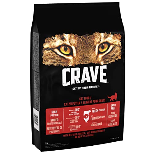 Crave Adult Trockenfutter mit Rind & Huhn, 7kg (1 Beutel) – Premium Katzenfutter trocken mit hohem Proteingehalt und ohne Getreide – Hergestellt mit 100 Prozent natürlichem Rind & Huhn von CRAVE