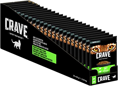 Crave Adult - Katzennassfutter - für erwachsene Katzen mit sensibler Verdauung - proteinreich und ohne Zusatz von Getreide - mit Lamm und Rind - 24 x 85g von CRAVE