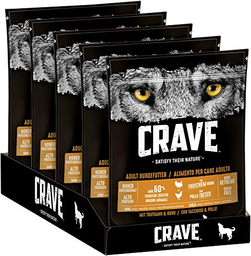 CRAVE Premium Trockenfutter mit Truthahn & Huhn für Hunde – Getreidefreies Adult Hundefutter mit hohem Proteingehalt – 5 x 1 kg von CRAVE