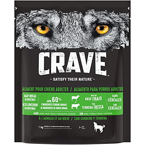 CRAVE Trockenfutter für ausgewachsene Hunde mit Lamm & Rindfleisch – 6 Beutel à 1 kg – Trockenfutter ohne Farbstoffe, Aromen oder Konservierungsstoffe, mit einem hohen Proteingehalt von CRAVE