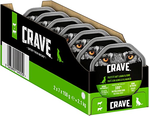 Crave Adult Hundenassfutter Pastete mit Lamm & Rind, 14 Schalen, 7x150g (2er Pack) – Premium Hundefutter nass mit hohem Proteingehalt ohne Zusatz von Getreide von CRAVE