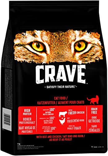 Crave Adult Trockenfutter mit Rind & Huhn, 7kg (1 Beutel) – Premium Katzenfutter trocken mit hohem Proteingehalt und ohne Getreide – Hergestellt mit 100 Prozent natürlichem Rind & Huhn von CRAVE