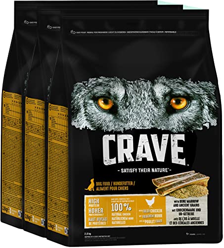 Crave Premium Trockenfutter Huhn mit Knochenmark und Urgetreide für Hunde – Getreidefreies Adult Hundefutter mit hohem Proteingehalt – 3 x 2,8 kg von CRAVE