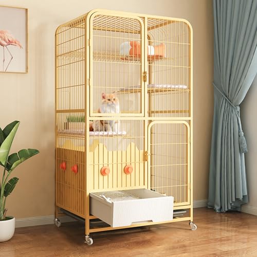 Katzengehege Aus Metall mit Katzentoilette, Gehege für Katzen mit Mehreren Funktionen, Katzenkäfig mit Rädern, für Katzen, Chinchillas, Kaninchen und Kleintiere(Yellow,30.7x52.3in/78x133cm) von CRGOEUM