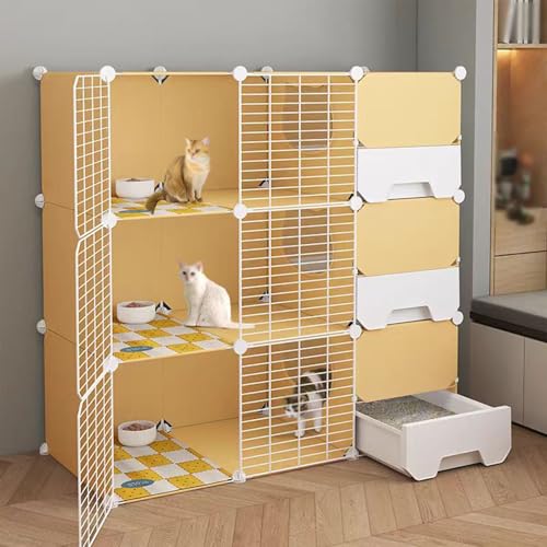 Katzenkäfig Indoor Cattery, Katzenkafig Indoor mit Toilette, Gehege für Katzen mit Mehreren Funktionen für Katzen, Chinchillas, Kaninchen und Kleintiere(Yellow Color,42.1x42.1in/107x107cm) von CRGOEUM