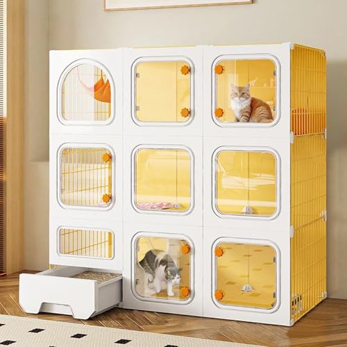 Katzenkäfig Indoor Cattery, Laufstall für Haustiere, Groß Katzenkäfig Indoor mit Katzenklo, für Katzen, Chinchillas, Kaninchen und Kleintiere(Yellow,105x105cm/41.3x41.3in) von CRGOEUM