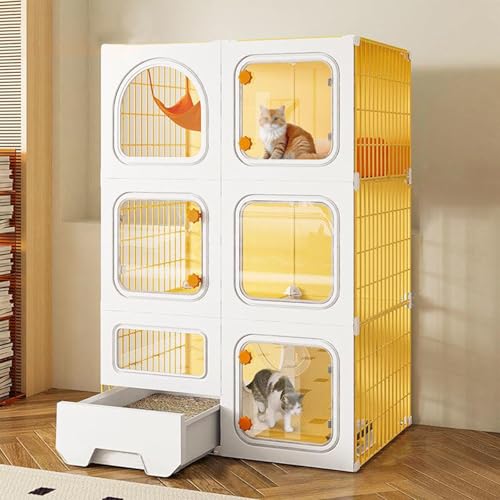 Katzenkäfig Indoor Cattery, Laufstall für Haustiere, Groß Katzenkäfig Indoor mit Katzenklo, für Katzen, Chinchillas, Kaninchen und Kleintiere(Yellow,70x105cm/27.5x41.3in) von CRGOEUM