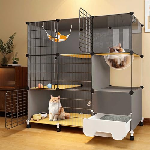 Katzenkäfig mit Rädern, Panorama-Katzenvilla, Katzenkafig Indoor mit Toilette, Laufgitter für Kleintiere, Ideal für Katzen und andere kleine Tiere(Gray) von CRGOEUM