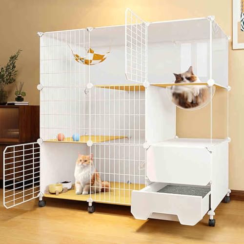 Katzenkäfig mit Rädern, Panorama-Katzenvilla, Katzenkafig Indoor mit Toilette, Laufgitter für Kleintiere, Ideal für Katzen und andere kleine Tiere(White) von CRGOEUM