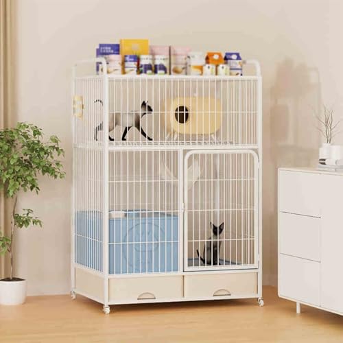 Katzenkäfige für Drinnen mit Katzentoilette, Laufstall für Haustiere, Katzenkäfig mit Stauraum, Haustierkäfig für Katzen mit Rädern für Katzen, Ideal für 1-2 Katzen(White,83x126cm/32.6x49.6in) von CRGOEUM