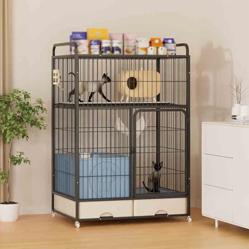 Katzenkäfige für Drinnen mit Katzentoilette, Laufstall für Haustiere, Katzenkäfig mit Stauraum, Haustierkäfig für Katzen mit Rädern für Katzen, Ideal für 1-2 Katzen(Black,83x126cm/32.6x49.6in) von CRGOEUM