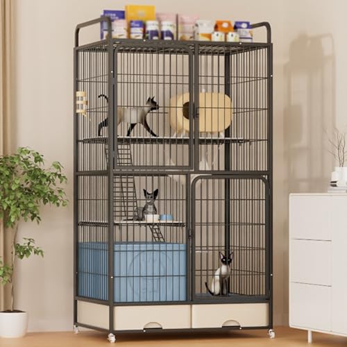 Katzenkäfige für Drinnen mit Katzentoilette, Laufstall für Haustiere, Katzenkäfig mit Stauraum, Haustierkäfig für Katzen mit Rädern für Katzen, Ideal für 1-2 Katzen(Black,83x156cm/32.6x61.4in) von CRGOEUM