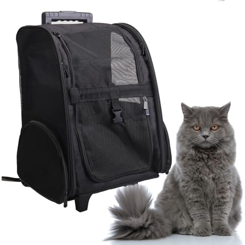 Critter Sitters Rollender Haustier-Rucksack mit 4 Rädern für kleine Hunde, Katzen, mit kratzfestem, atmungsaktivem Netzfenster, Fluggesellschafts-Handgepäck-zugelassen, Sicherheitsleine, von CRITTER SITTERS