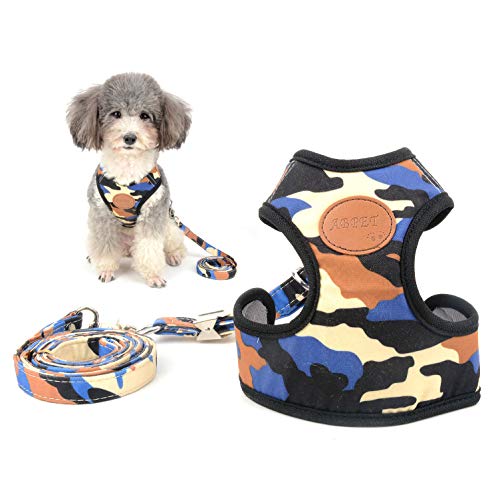 Kleines Hundegeschirr, Camo, No-Pull, Welpe, gepolsterte Weste und Leine, Set, Step-in-Geh-Trainingsgeschirr, Netzstoff for Jungen, verstellbar, for Chihuahua, Yorkie, Teetasse, Blau, S/11 (Farbe: Cam von CROKZ