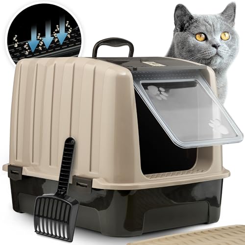 CROPLAS Katzenklo mit Deckel und Aktivkohlefilter + [ Katzenklo Matte ] + [ Katzenklo Schaufel ] - Katzen Zubehör - Katzentoilette mit Deckel, Katzenklo XXL, modernes Katzenklo geschlossen (Crema) von CROPLAS