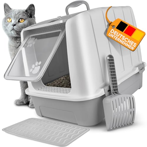 CROPLAS Katzenklo mit Deckel und Aktivkohlefilter + [ Katzenklo Matte ] + [ Katzenklo Schaufel ] - Katzen Zubehör - Katzentoilette mit Deckel, Katzenklo XXL, modernes Katzenklo geschlossen weiß von CROPLAS