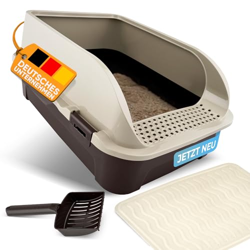 CROPLAS Katzenklo offen hoher Rand, Katzenklo ohne Deckel, Katzentoilette offen mit Katzenklo Matte und Katzenklo Schaufel Cat Litter Box, Schalentoilette Katze, Katzen klo, beige von CROPLAS