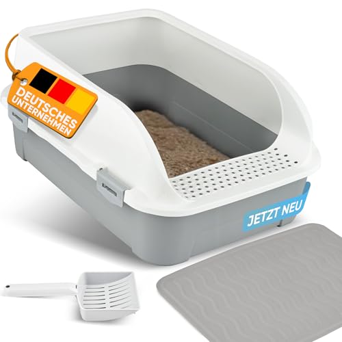 CROPLAS Katzenklo offen hoher Rand, Katzenklo ohne Deckel, Katzentoilette offen mit Katzenklo Matte und Katzenklo Schaufel Cat Litter Box, Schalentoilette Katze, Katzen klo, weiß von CROPLAS