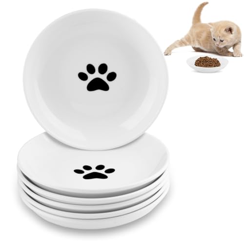 CROUTE 6 Stück Katzennapf Keramik - Katzennapf Flach - Katzenteller - Futternapf Katze - Fressnapf Katze - Katzen Napfset - Katzenschüssel - Anti Whisker Fatigue Cat Bowl - Weiss (Cat Paw Pattern) von CROUTE