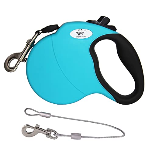 CROWN PAWS Ausziehbare Hundeleine für mittelgroße Hunde bis zu 20 kg, mit einem abnehmbaren, kaufesten Verlängerungsdrahtseil, 4,8 m, Blau M von CROWN PAWS