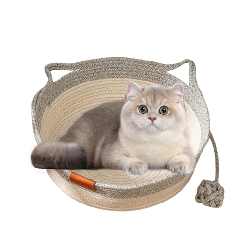 Virelapets Katzenkorb aus gewebtem Seil, Virela Katzenkorb aus gewebtem Seil, Betten für Hauskatzen, halbgeschlossenes Design, atmungsaktiv und langlebig, mit Haustierspielzeug (Gray,Large) von CRTZHA