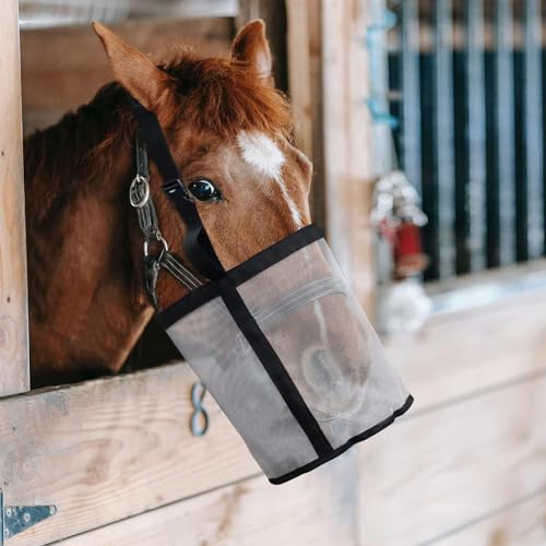 CSARPECT Heubeutel für Pferde, Langsames Füttern Heutasche- Nylon Dicker Verstellbarer Mesh Futterbeute Ziegen Futterbeutel Ponys Futtersack, für Artgerechte Fütterung, Verbessert Verdauung (Gray,L) von CSARPECT